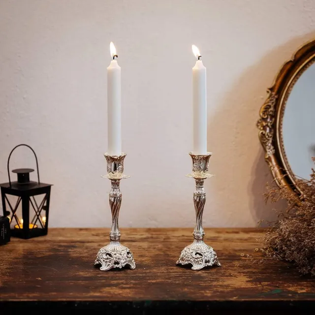 Famanu Verzilverde Shabbat Kandelaars Houders Set van 2 Metalen Taper Kaarsenhouders, Sierlijke Kaarsenhouders voor Shabbat Taper kaarsen, L – zilver