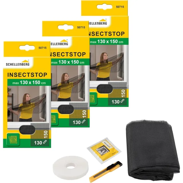 Schellenberg 3-pack 50715 hor voor ramen, insecten- en muggenwering inclusief plakstrips, zonder boren, 130 x 150 cm, antraciet