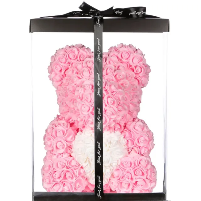 Rision Rozenbeer | Teddybeer | Valentijn | Roze/Wit | 25,4 Cm | Kunstbloemen | Beer
