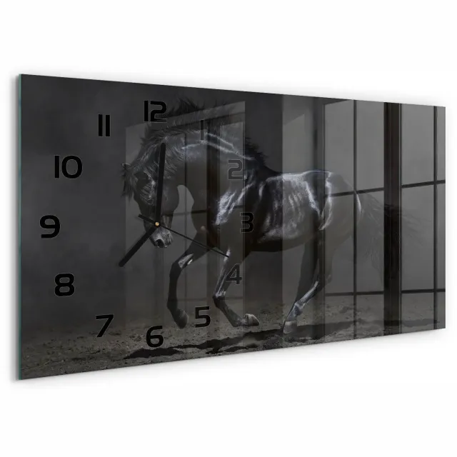 TULUP Wandklok - Zwart Paard Wandklok Glas Decoratie - 60x30 cm - Zwart Gekleurde Glazen Klok - Zwarte handen - Rechthoekige Klok - Klok Glas Met Opdruk - Moderne Wandklok Glas
