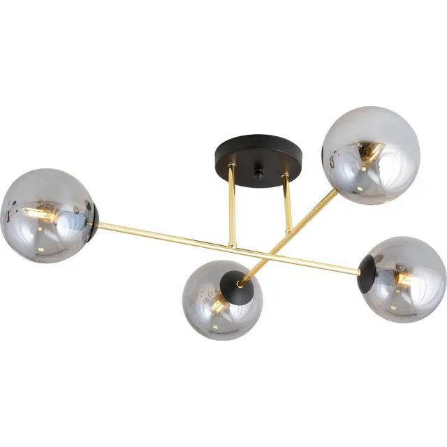 Emibig 4 lamps E14 stijlvolle plafondlamp messing met zwart en fumé bollen - Perfect voor een moderne uitstraling in uw interieur Messing, Zwartachtig