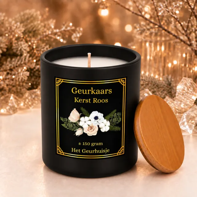 Het Geurhuisje Luxe Kerst Roos Geurkaars – ± 150 gram – Feestelijke Wintergeur – Glazen Pot met Bamboe Deksel - Dierproefvrij - Handgemaakt Zwart