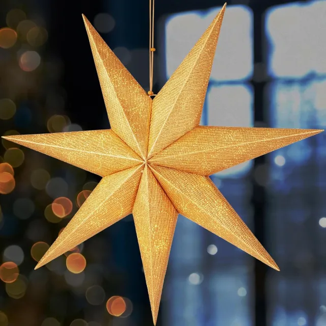 Brubaker 60 cm Kerstster voor Binnen - Adventster met E14 Voet om op te Hangen - Raamverlichting Ster om op te Hangen - Kerstster Set met 3,5 m Kabel - 3D Papieren Ster Decoratie - Goud Goud fijn patroon