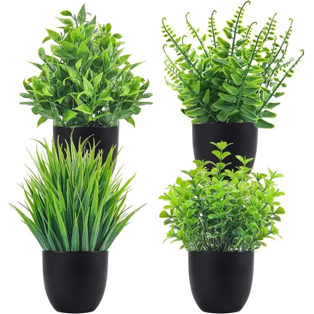 Cosensi Set van 4 Mini Kunstplanten Met Pot - Gebruiksklare Kleine Plastic Plantendecoratie