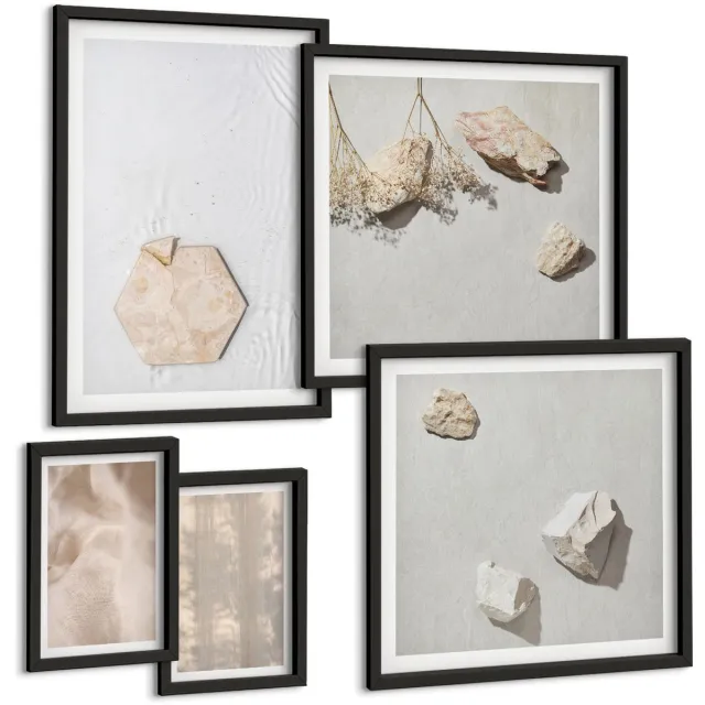 TULUP 4-Delige Schilderij Set - Subtiele texturen in een natuurlijke boho-stijl - 50 x 50 cm, 20 x 30 cm en 40 x 60 cm - Decoratieve Schilderijen - Woonkamer - Interieur Zwarte lijst