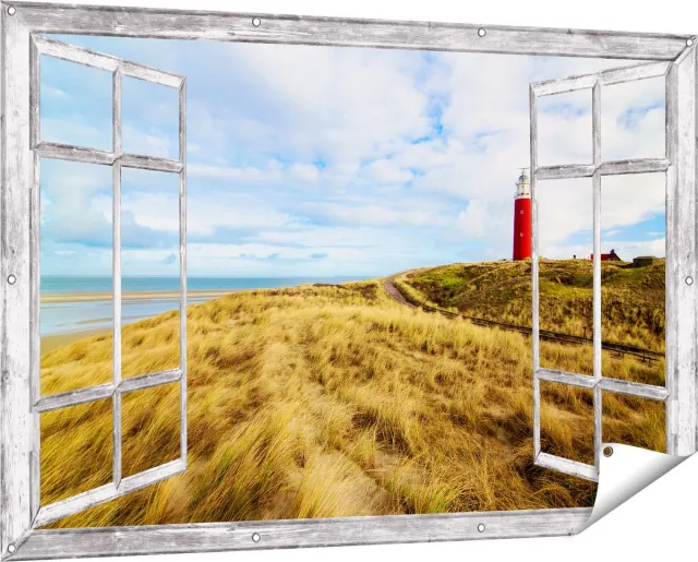 Gards Tuinposter Doorkijk Vuurtoren met Duinen in Texel - 150x100 cm - Tuindoek - Tuindecoratie - Wanddecoratie buiten - Tuinschilderij Grijs