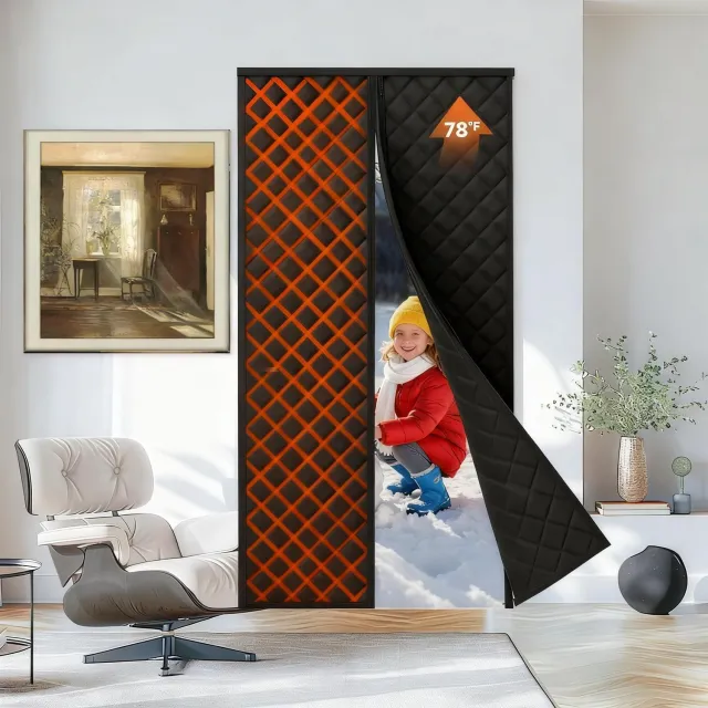 Famanu Magnetisch deurgordijn voor de winter, 104 x 206 cm, dik en verduisterend, blokkeert koude lucht en reduceert geluid, ideaal voor standaard deuren en eenvoudig te installeren met plakstrips zwart