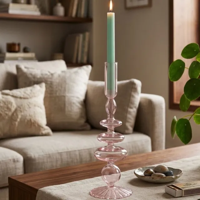 arti casa Kandelaar met Bollen - Glazen Kaarsenhouder voor Sfeervolle Verlichting - Uniek Bolvormig Design - Geschikt voor Diverse Soorten Kaarsen - Afmeting Ø9x28cm - Kleur Roze