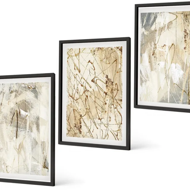 Coloray 3-Delige Schilderij Set - Abstracte Patronen In Beige En Grijze Tinten. - 40 x 60 cm - Decoratieve Muurdecoratie - Slaapkamer Zwarte lijst