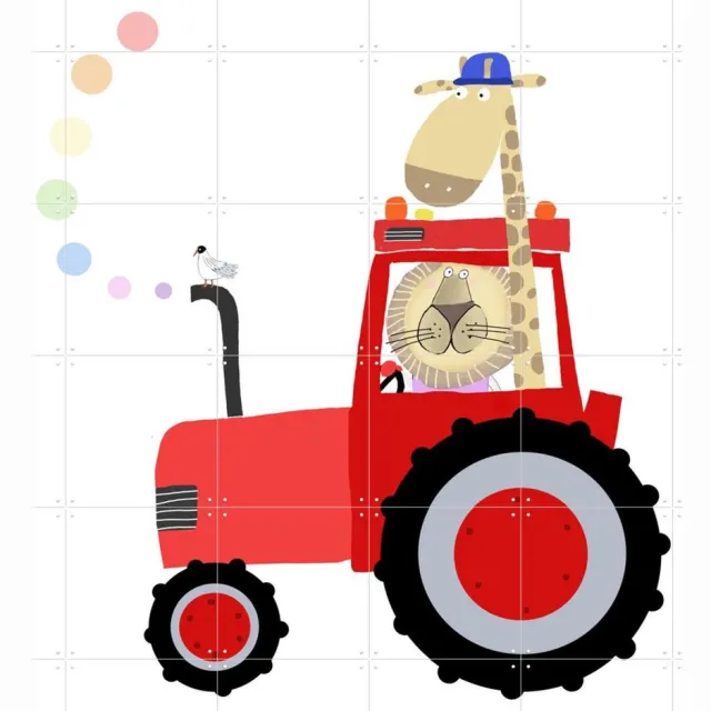 IXXI Giraffe and Lion in Red Tractor with Rainbow Spots, Carla Daly - 120 x 120 cm - Grote wanddecoratie en posters - Cartoonesk, Illustraties Rood