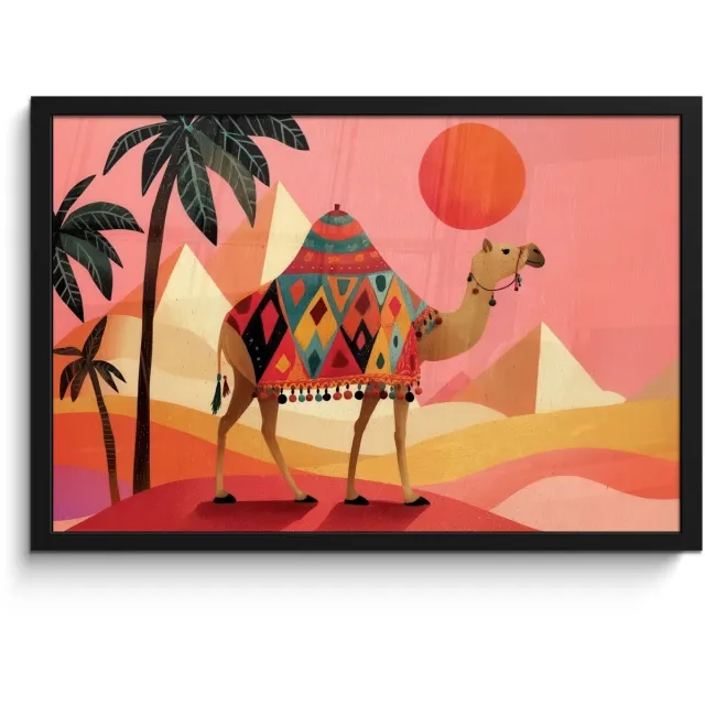 FrameYourWall Poster in lijst - Fotolijst 60x40 cm - Posters - Kameel - Pyramides - Rode zon - Posterlijst zwart - Decoratie - Wanddecoratie woonkamer - Muurdecoratie slaapkamer Kameel - Pyramides - Zon