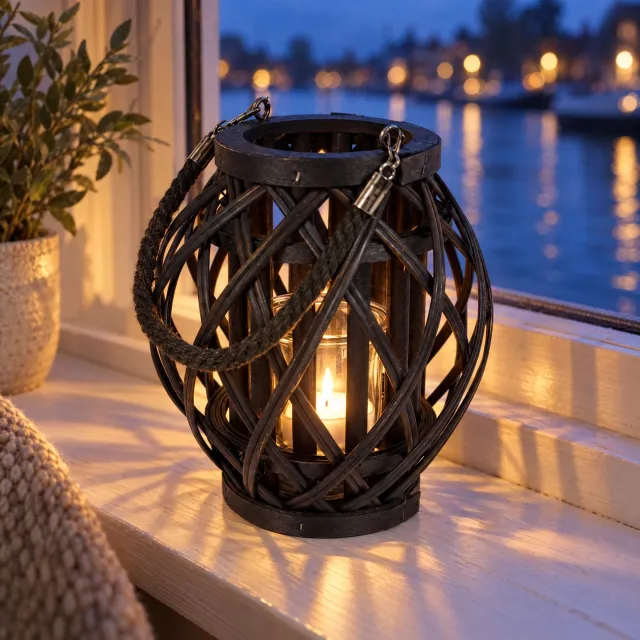 Cheqo Windlicht Zwart - Bamboe Lantaarn - Kaarshouder met Glas - Lantaarn met Touw Handvat - Theelichthouder - Waxinelichthouder - Kaarsenlantaarn - Sfeerlantaarn - Tafeldecoratie - Woondecoratie - Vensterbank Decoratie - Sfeerverlichting