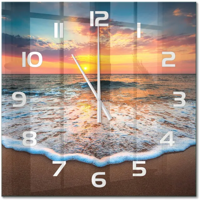 TULUP Wandklok - Zonsondergang op zee Klok Glas Met Opdruk - 60x60 cm - Oranje Moderne Wandklok Glas - Witte handen - Vierkante Klok - Decoratieve Glazen Klok - Glazen Wandklok Design