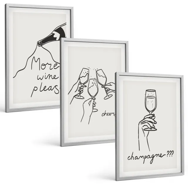 Coloray 3-Delige Schilderij Set - Vrolijke Momenten Met Wijn En Champagne - Lijntekening - 40 x 60 cm - Decoratieve Muurdecoratie - Slaapkamer - Interieur Decoratie Zilveren lijst