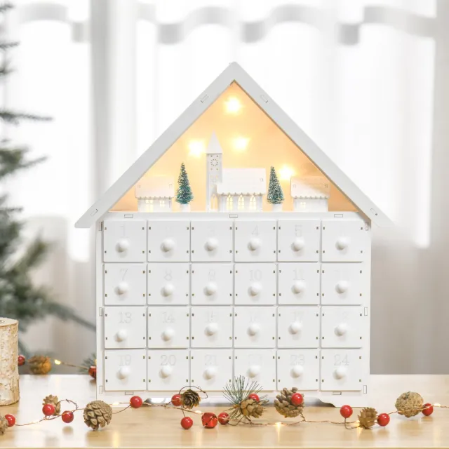ECTEATOY Adventskalender 2026 - met 24 Lades Kerstdorp en LED Verlichting - 39x9x42cm- Houten Wit