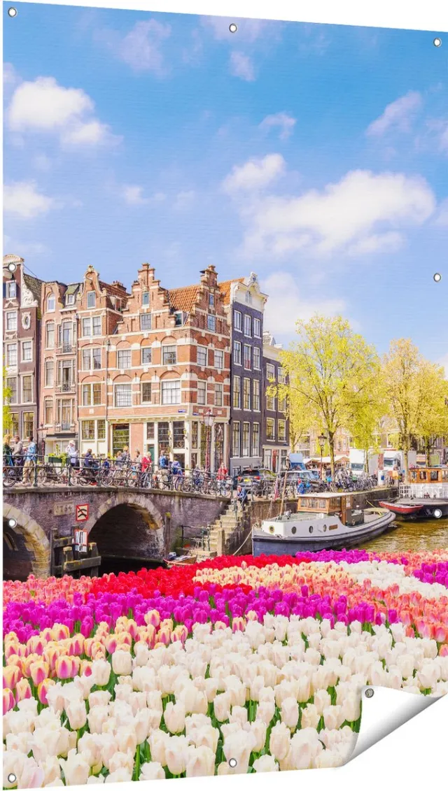 Gards Tuinposter Amsterdamse Huisjes aan de Grachten - 100x150 cm - Tuindoek - Tuindecoratie - Wanddecoratie buiten - Tuinschilderij Multikleur