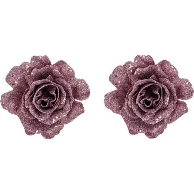 Cosy&Trendy Kerstboomversiering Bloemen - 2x - 10 cm - roze glitter - op clip - ornament