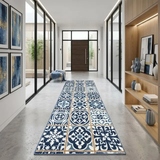 Floordirekt Tapijtloper Swansea - Vloerkleed met Azulejos-Look - Blau/Wit - Eenvoudig te Reinigen & Modern - Keukenloper - 80 x 350 cm Blauw