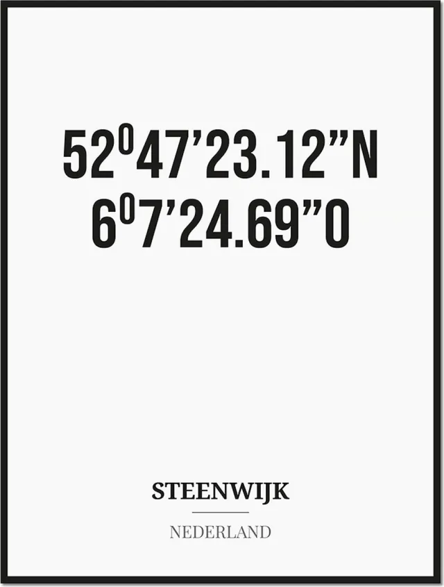 Studio216 Poster/kaart STEENWIJK met coördinaten zwart, wit