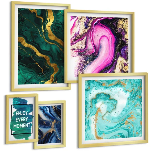 TULUP 5-Delige Schilderij Set - Abstracte patronen in tinten groen en paars. - 50 x 50 cm, 20 x 30 cm en 40 x 60 cm - Wanddecoratie - Muurdecoratie - Moderne Interieurdecoratie Gouden lijst