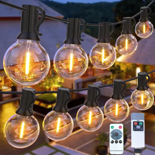Flintry Oplaadbare lichtsnoer met afstandsbediening – 14,5 m lichtsnoer voor buiten met 25 stuks G40-lampjes – USB-voeding, timer – Waterdichte LED-verlichting voor binnen en buiten, feestjes, tuinhuisjes en terrassen