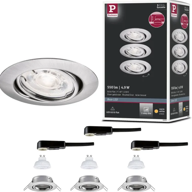 Paulmann LED-inbouwlamp Base GU10 Flat draaibaar 3x4,9W 3x550lm 230V dimbaar 2700K Staal geborsteld