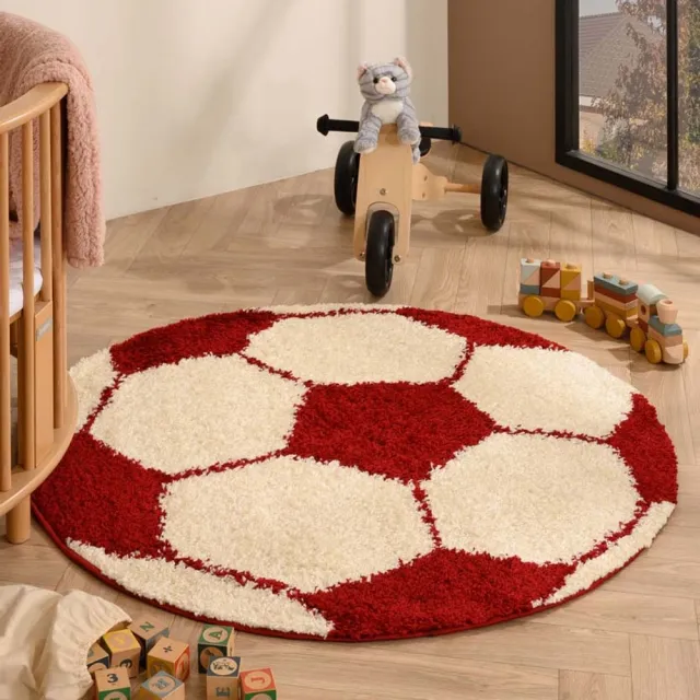 TrueWeave Voetbal vloerkleed rond - Sports crème/rood 100