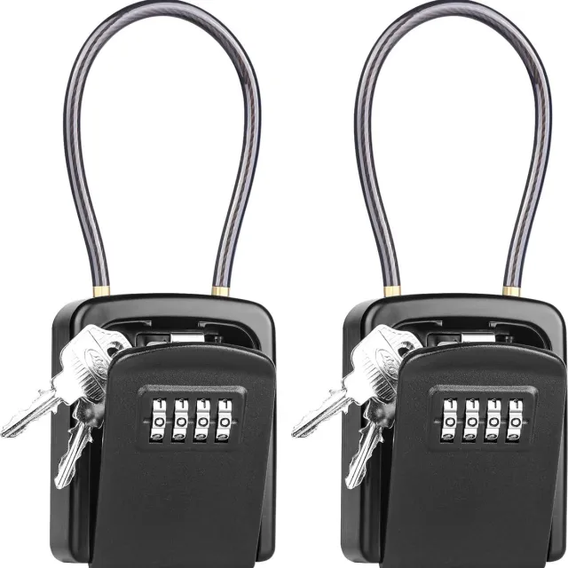 Famanu Set van 2 sleutelkluizen met afneembare kabel, 4-cijferige code, weerbestendig, voor sleutels en deurkaarten Zwart