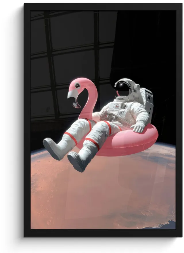 FrameYourWall Poster in lijst - Fotolijst 40x60 cm - Posters - Astronaut - Flamingo - Zwemband - Roze - Posterlijst zwart - Decoratie - Wanddecoratie woonkamer - Muurdecoratie slaapkamer