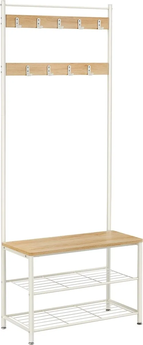 FurnStar Kapstok - kapstok met schoenenopbergbank - halboom met schoenenrek - 3-in-1 ontwerp - stalen frame - voor hal - entree - 32 x 70 x 177 cm - industrieel - rustiek walnoot en zwart Eiken + Wit