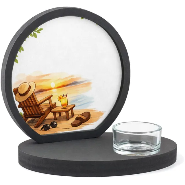 Mr Cadeautjes MDF inleg theelichthouder ~8 cm - design Een vrolijke vrije-tijdsscène in een ligstoel op het strand | cadeau Wit