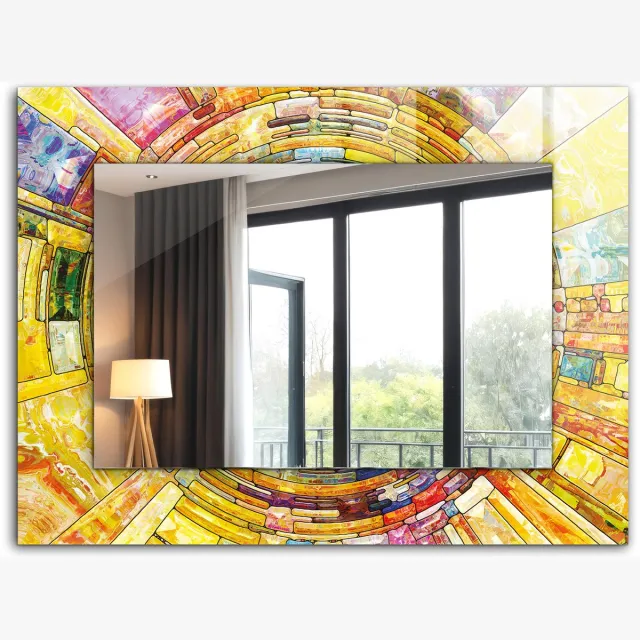 TULUP Spiegel - Spiegel op gehard Glas - Vierkante Spiegel - Kleurrijke abstracte mozaïek - 80 x 60 cm - Spiegel met decoratief motief - Slaapkamerspiegel - Badkamerspiegel - Gang - Kleedkamer - Scheerspiegel - Wanddecoratie Spiegel - Montageset