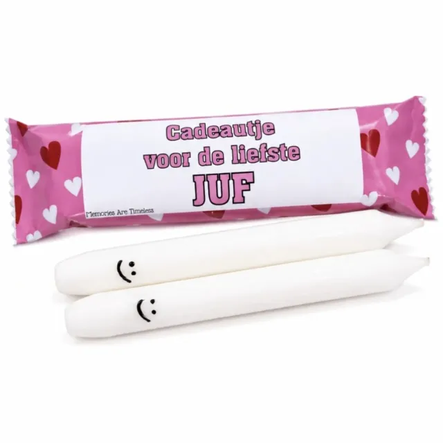Memories Are Timeless Juf Cadeau - Dinerkaarsen met Smiley - Roze Cadeauverpakking met Hartjes - Memories Are Timeless