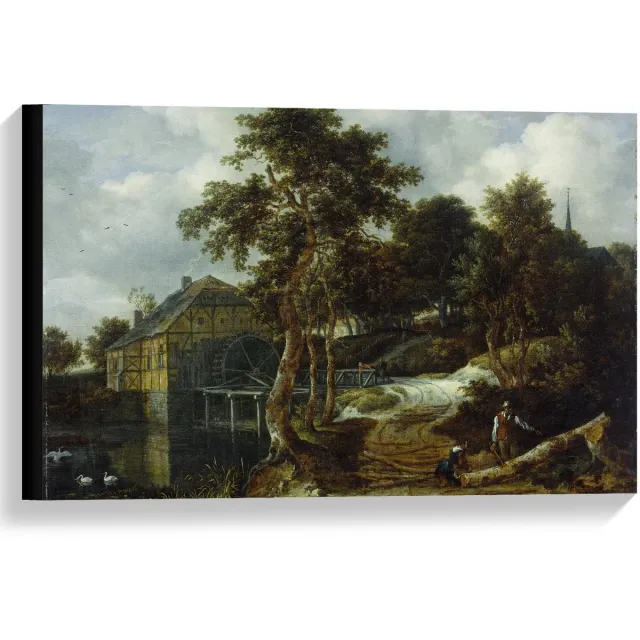 KuijsFotoprint Canvas - Oude Meesters - Landschap met watermolen, Jacob Isaacksz van Ruisdael - 60x40cm Foto op Canvas Schilderij (Wanddecoratie op Canvas) Blauw
