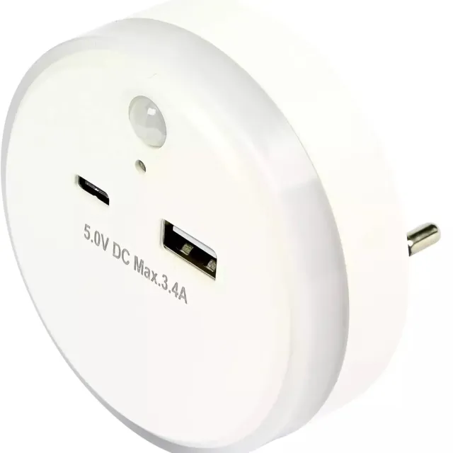 Benson Nachtlamp met USB-A/C, dag/nacht- en bewegingssensor, 3 modi, 17W, warm wit licht