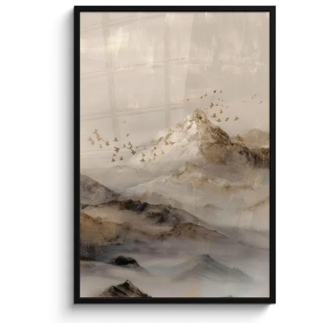 FrameYourWall Poster in lijst - Fotolijst 80x120 cm - Posters - Berglandschap - Mist - Penseelstreken - Posterlijst zwart - Decoratie - Wanddecoratie woonkamer - Muurdecoratie slaapkamer Berglandschap - Mist - Vogels