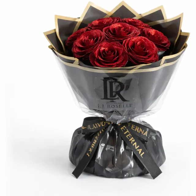 La Roselle Amsterdam Luxe Rode Kunstrozen met Glitter – Chique Rozenboeket in Zwart-Gouden Geschenkverpakking – Luxe Kerstcadeau Rood