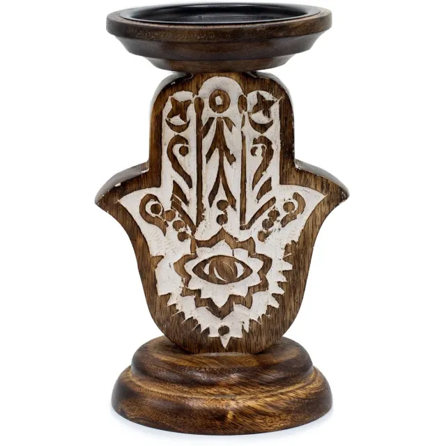 Ancient Wisdom Mangohouten kaarsenstandaard - Hamsa - Klein 18x11cm multicolor
