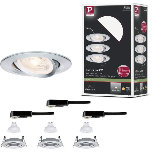 Paulmann LED-inbouwlamp 3-Step-Dim Nova GU10 Flat draaibaar 3x4,9W 3x550lm 230V dimbaar 2700K Alu gedraaid