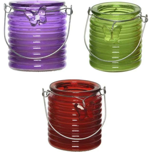 Decoris Citronella windlicht met kaars - 3x - paars/groen en rood - 20 branduren - citrusgeur Multi
