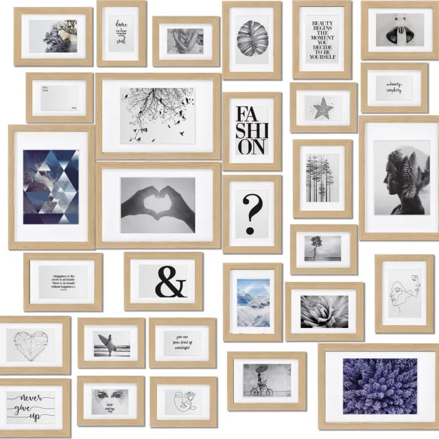 bomoe Emotion Set van 30 Fotolijsten Houten Frames - kunststof glas - 10x 10,5x15cm / 15x 13x18cm / 5x 20x30cm - Metalen Ophanging - Standaard & Passepartout - Eikenhout