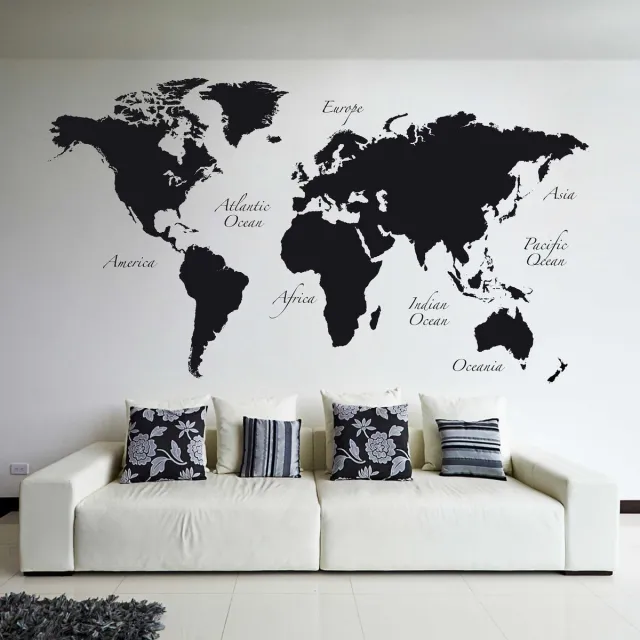 Crearreda Muursticker – Wereldkaart – Zwart - (GROOT 240 x 140 cm)