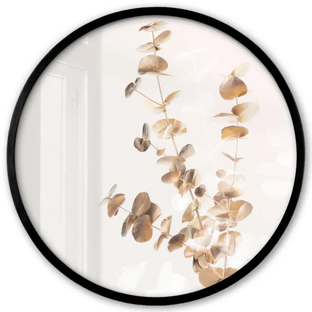 FrameYourWall Poster in lijst Rond - Fotolijst 40x40 cm - Posters - Eucalyptus - Goud - Bladeren - Luxe - Natuur - Ronde posterlijst zwart - Decoratie - Wanddecoratie woonkamer - Muurdecoratie slaapkamer Beige - Bladeren