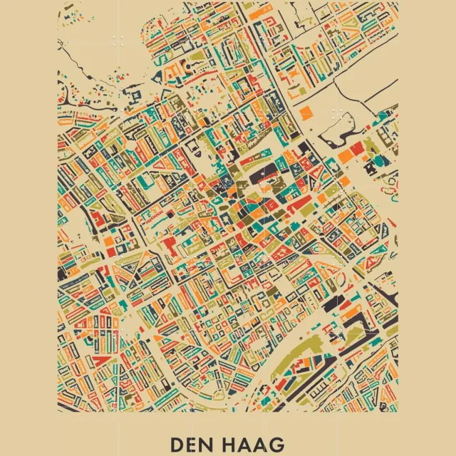IXXI Den Haag Mosaic Map, Kunst in Kaart - 100 x 140 cm - Grote wanddecoratie en posters - Digitale Kunst, Illustraties, Kleurrijk, Geometrische Geel / Beige / Blauw
