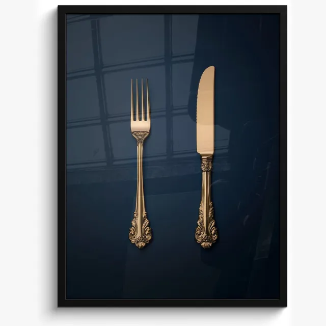 FrameYourWall Poster in lijst - Fotolijst 50x70 cm - Posters - Bestek - Donkerblauw - Goud - Posterlijst zwart - Decoratie - Wanddecoratie woonkamer - Muurdecoratie slaapkamer