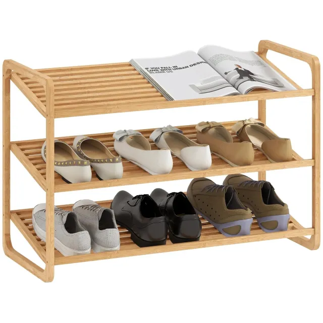 Noventra Schoenenrek - Bamboe Schoenenrek - Schoenenkast - Schoenen Opbergrek - Schoenenrek 3 Laags - Opbergrek voor 9-12 Paar Schoenen - Natuurlijk Bamboe - 76 x 33 x 50,8 cm houtlook