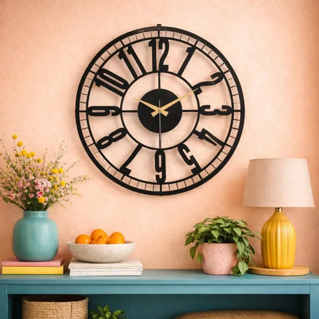 BT Home Wandklok MDF 50 cm – Grote Industriële Wandklok – Zwart – Moderne Open Klok voor Woonkamer, Keuken en Kantoor