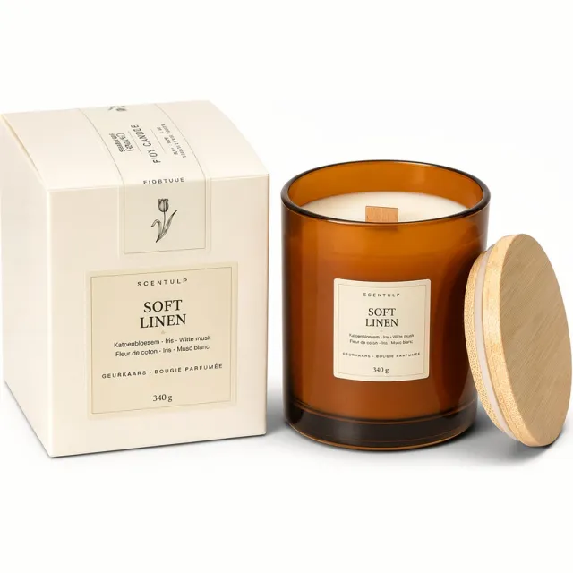 Scentulp Geurkaars Soft Linen - Sojawas - Houten Lont - 340 g Bruin