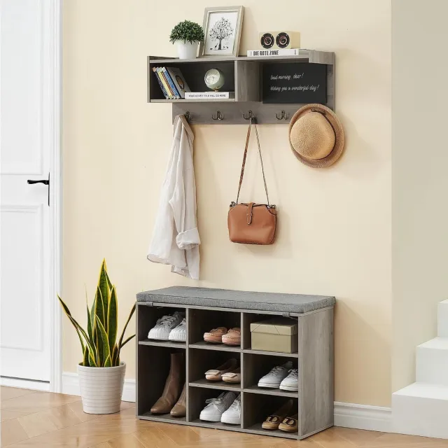 Triumpunpre 6-in-1 halmeubel met schoenenbank en kapstok, wanddecoratie – 5 haken, 9 vakken, boekenplank, krijtbord, industriële stijl – Grijs, 80 cm