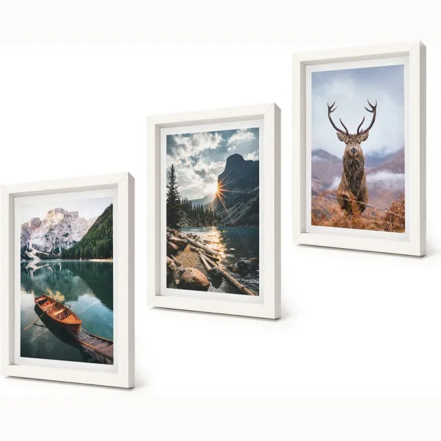 Coloray 3-Delige Schilderij Set - Bergmeer Lodz Zonsondergang Hert in de natuur - 20x30 - Moderne Wanddecoratie - Woonkamer - Woonkamer Decoratie Witte lijst